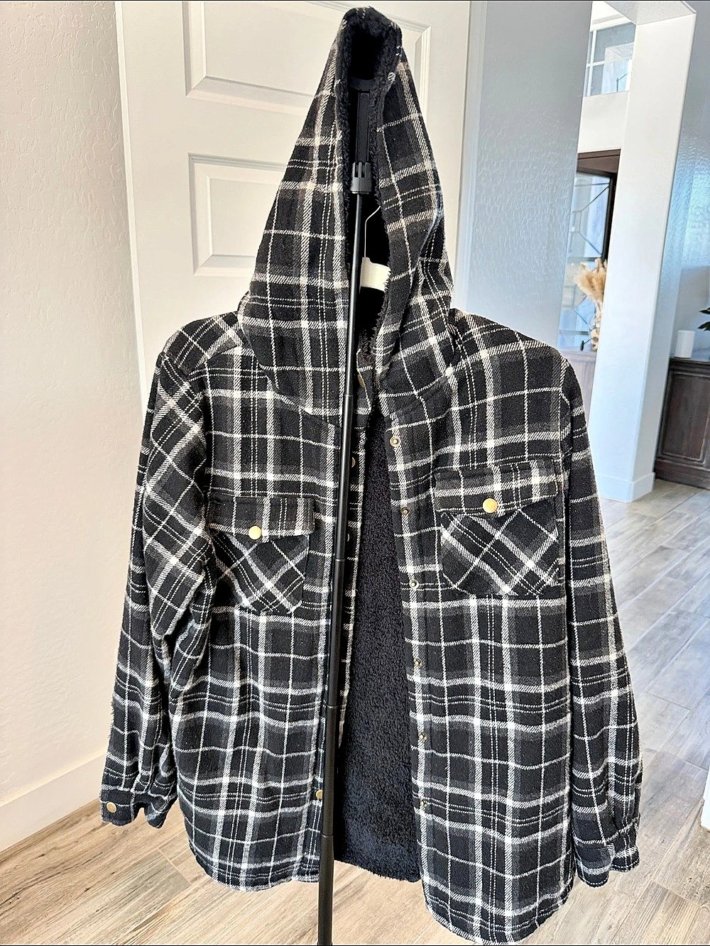 Plaid Hooded Jacket in Black & White Like New